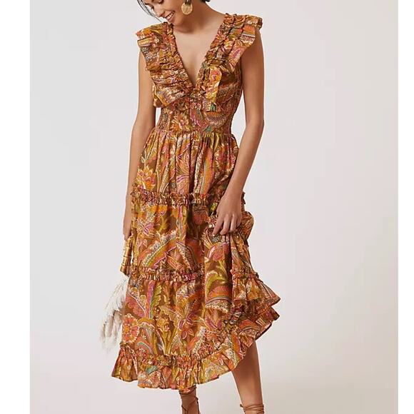 Love The Label Dress Tiered Ruffle Cotton Topanga Maxi Dress Coral Print Size M - Picture 1 of 9